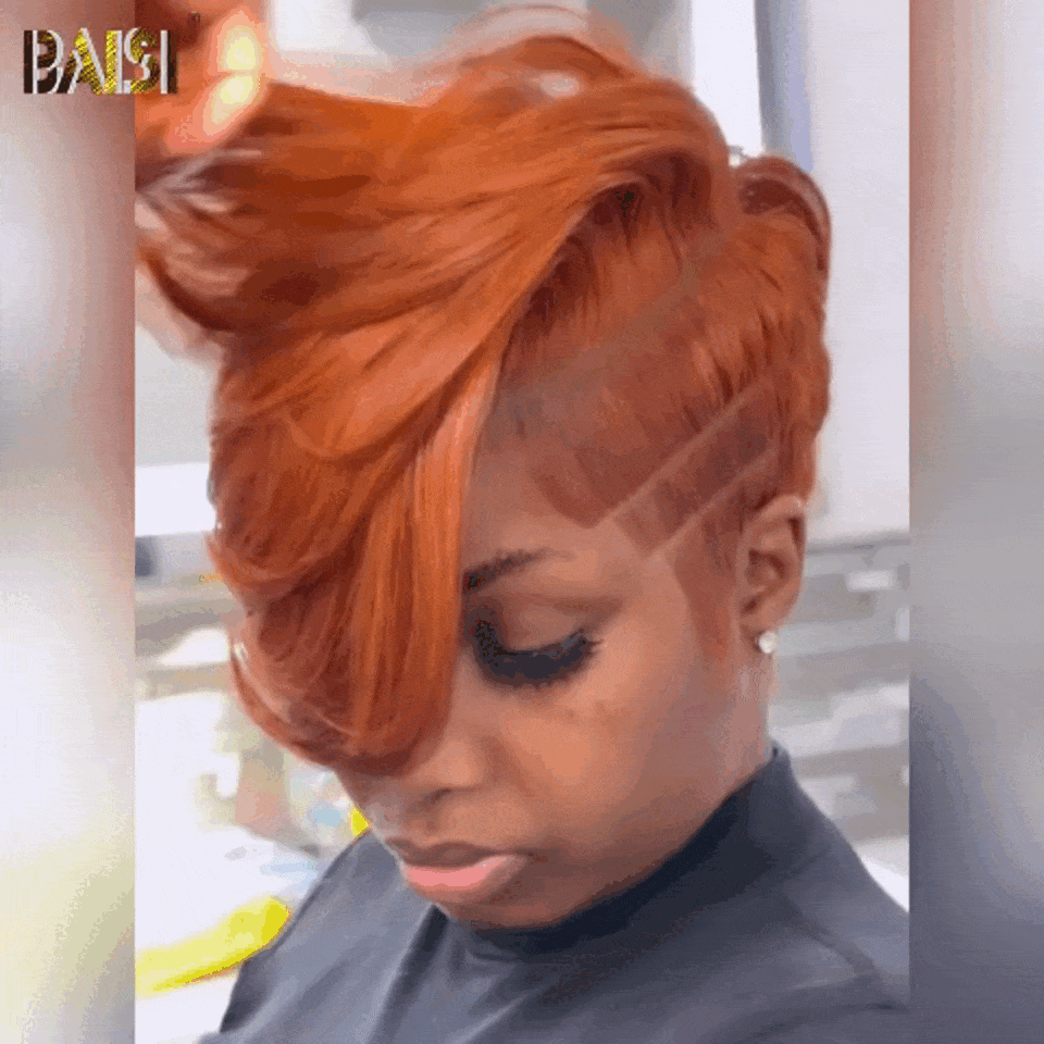 BAISI Parrucca Full Lace 100% Capelli Naturali Parrucca Mossi Taglio Pixie Full Lace Parrucca Personalizzata Liscia Colore arancione in 100% capelli umani