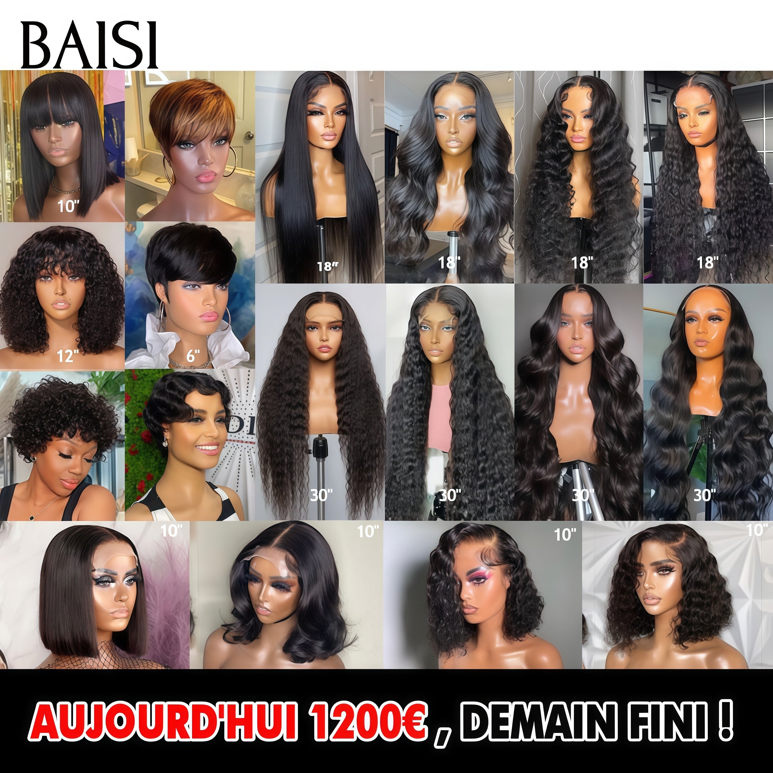 BAISI vente flash 18 perruques 1200€ Prix réduit , Qualité garantie , Demain fini ! en 100% vrais cheveux humains Code: VIP400