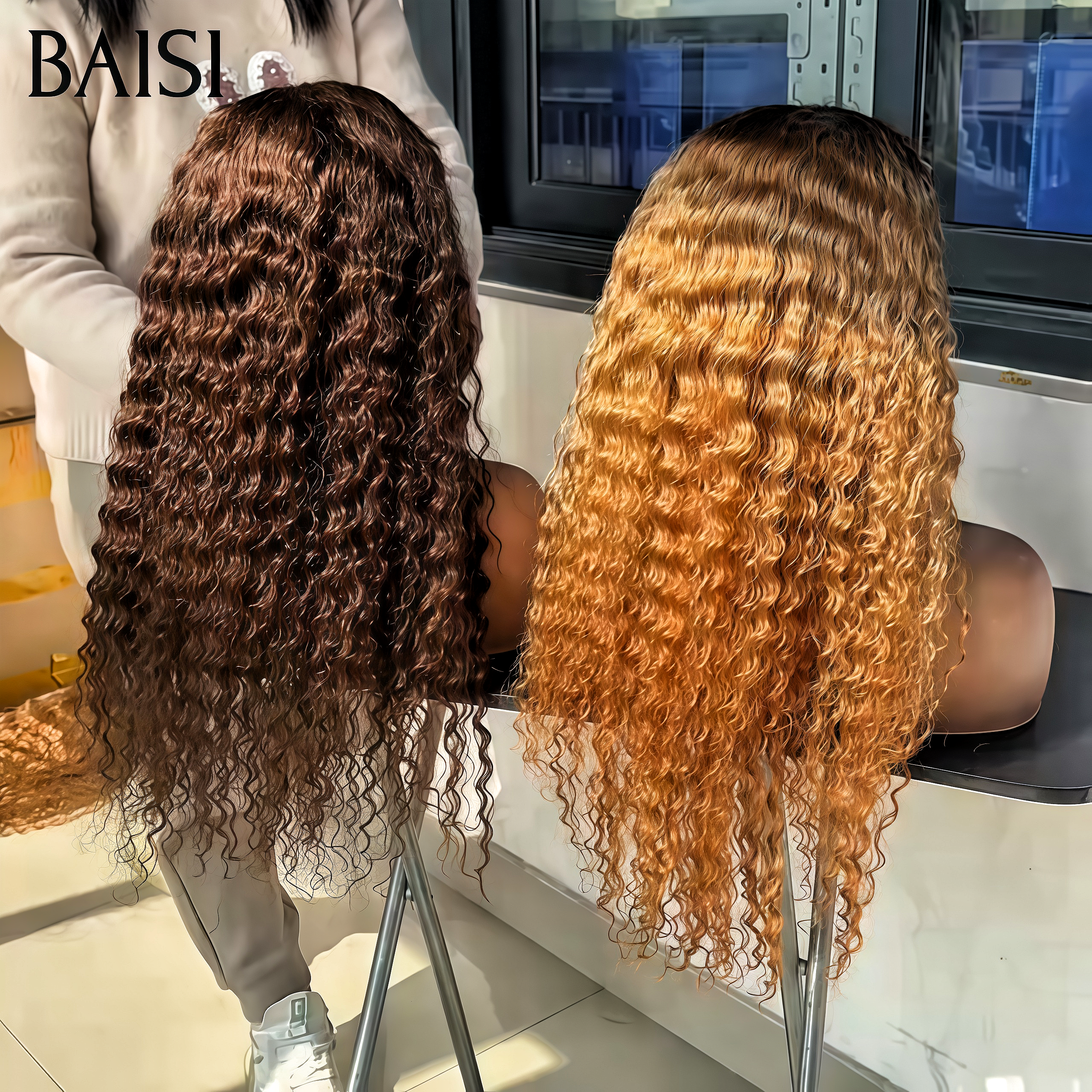 BAISI 2 Perruques pour revendre 229€ 13x4 lace frontal bouclé wave et 24 pouces 2 couleurs 4T27 et Marron en 100% Cheveux Humains