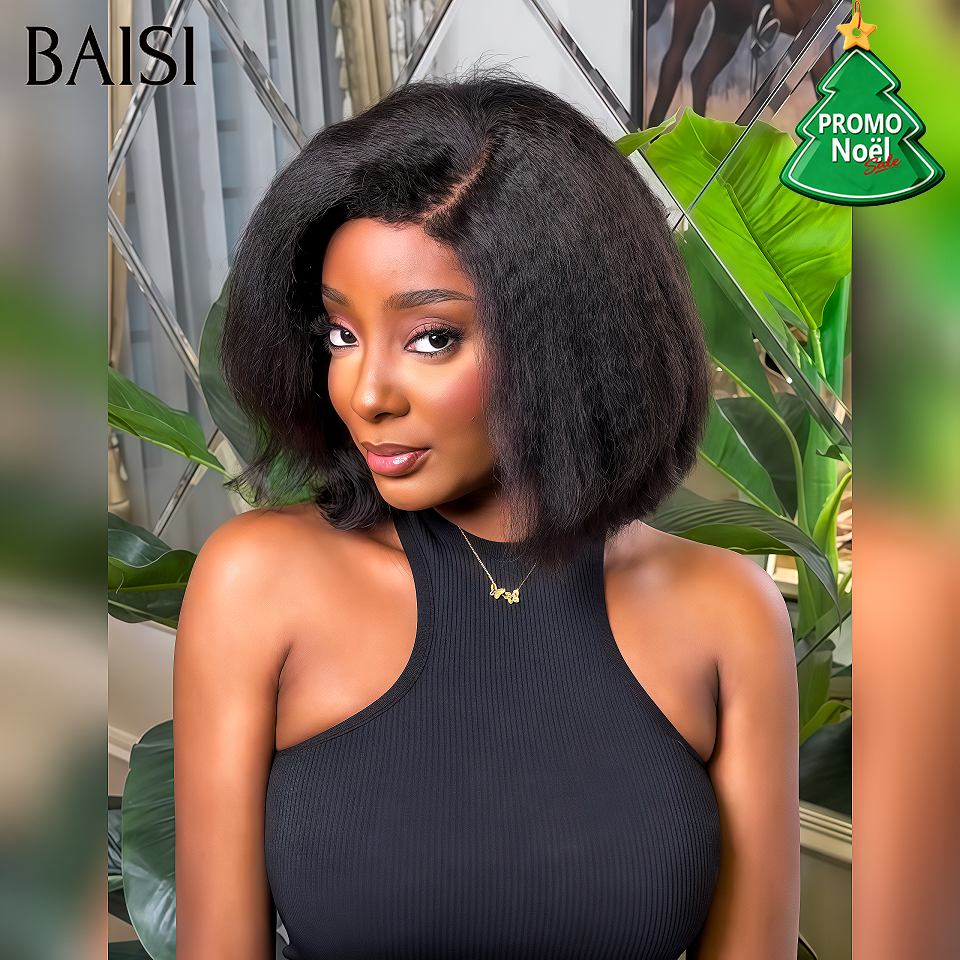 BAISI Perruque BOB 13x4 lace frontal NOIR Kinky straight 10 Pouces pour Noël 90€ en 100% cheveux humains