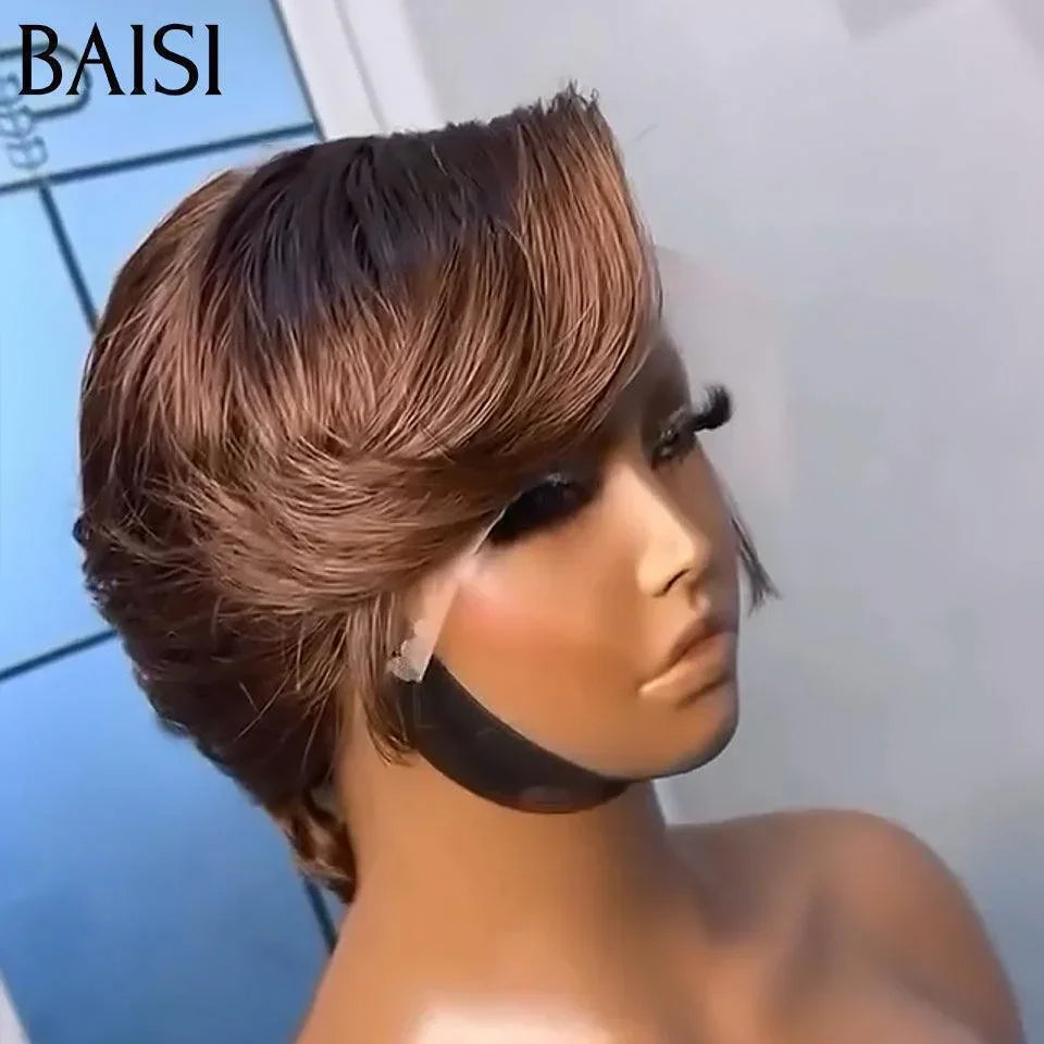 BAISI 3 perruques 129€ aujourd'hui 13x4 curly wave pixie et 5x5 lace egg wave et Sans Colle pixie ou PROMO Moitié Prix 49€ Perruque T Part Lace Pixie En Couleur Marron 4# en 100% Cheveux Humains MP50