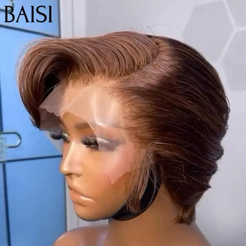 BAISI 3 perruques 129€ aujourd'hui 13x4 curly wave pixie et 5x5 lace egg wave et Sans Colle pixie ou PROMO Moitié Prix 49€ Perruque T Part Lace Pixie En Couleur Marron 4# en 100% Cheveux Humains MP50