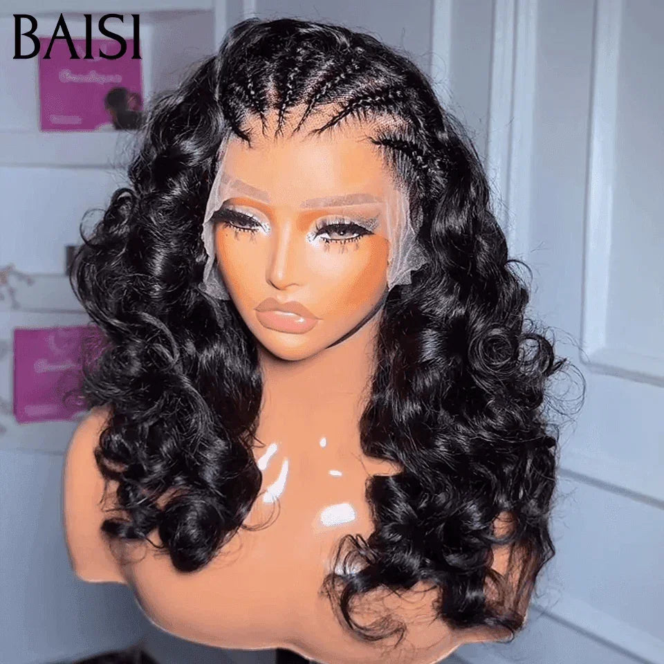 BAISI 13X4 lace perruque body wave Petite natte frisé frontale lace noir 18 pouces 100% cheveux humains BS65