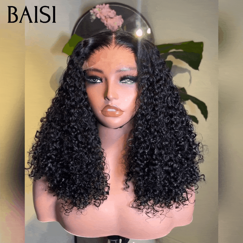 BAISI Bob Parrucca Riccia Water Wave 4X4 pizzo 250% Densità 100% Capelli Umani FR38