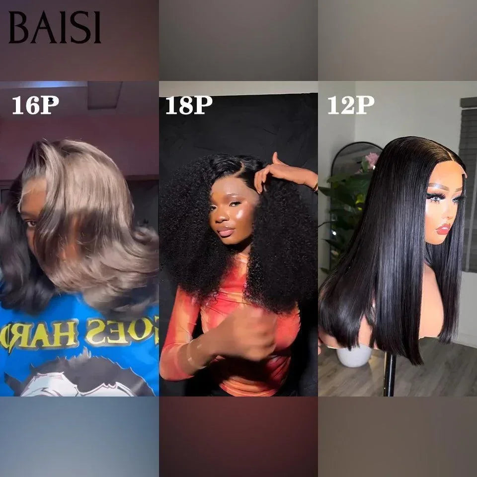 BAISI 3 perucas 199€ renda 2X6 de Luxo Vietnam Hair liso 12 Pouces e 13X4 PRETO 065C 16 pouces e renda 4X4 ondulado cacheado 18 poouces em 100% cabelo humano FR38