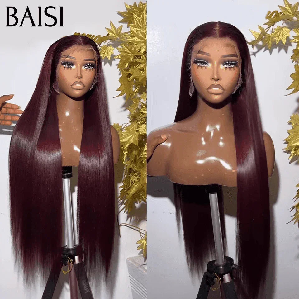 BAISI Achetez 2 perruques minimum au prix d'usine fournisseur 13x4 Lace Frontal Perruque Lisse Rouge Bordeaux 99J# Sans Colle Lace déjà couper Facile à Porter En 100% Cheveux Humains (Pas Besoins De Code)