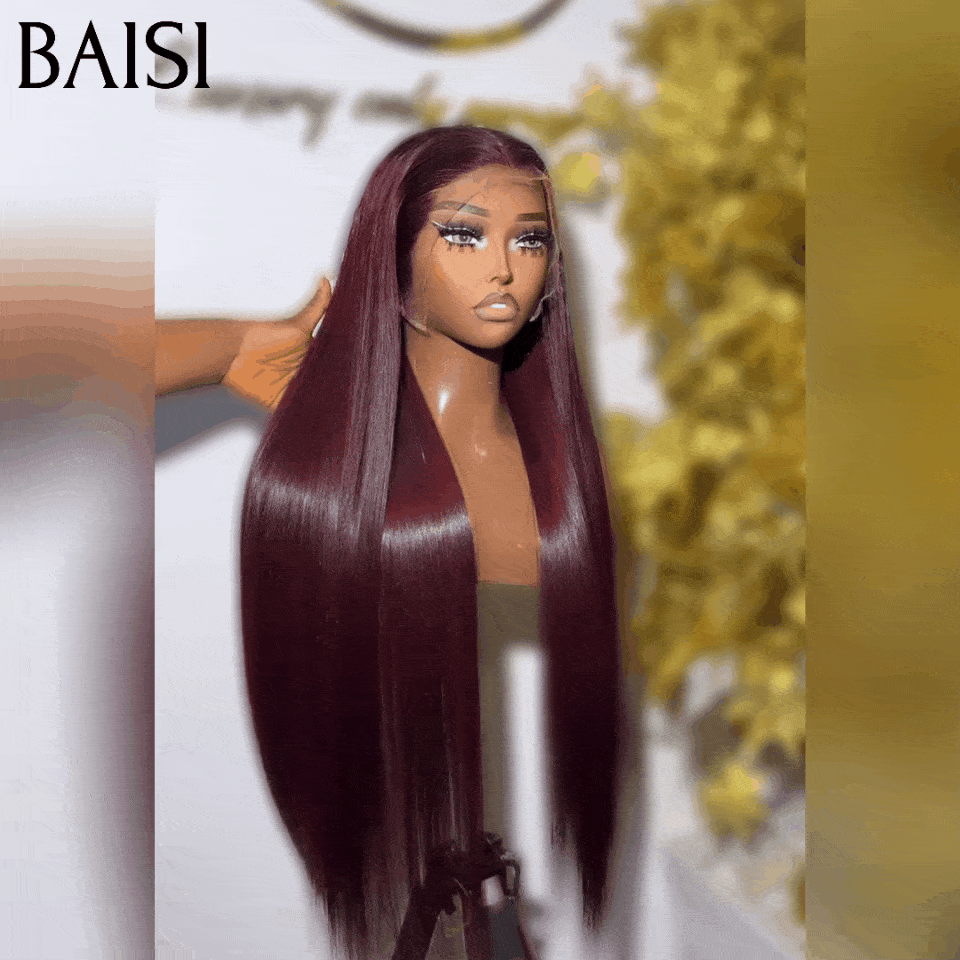 BAISI Achetez 2 perruques minimum au prix d'usine fournisseur 13x4 Lace Frontal Perruque Lisse Rouge Bordeaux 99J# Sans Colle Lace déjà couper Facile à Porter En 100% Cheveux Humains (Pas Besoins De Code)