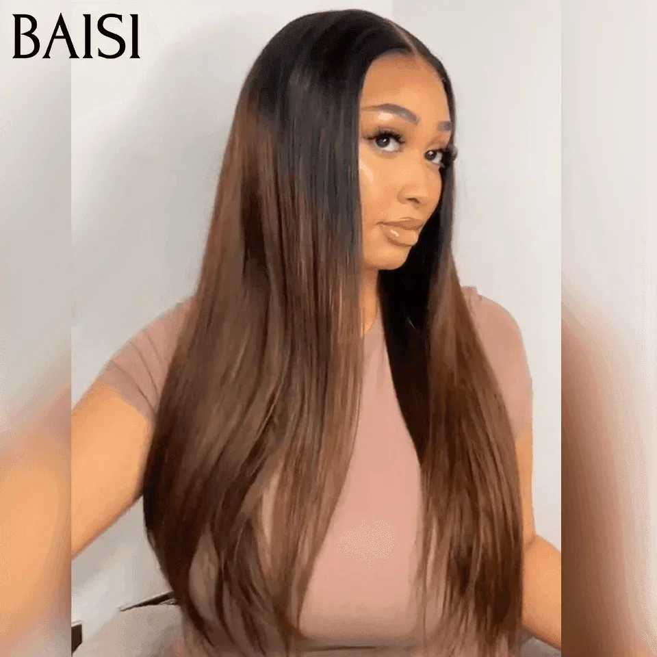 BAISI Peruca lisa castanha 13x4 1BT4# pré-penteada, sem necessidade de cola, em 100% Raw Hair Lace já cortada