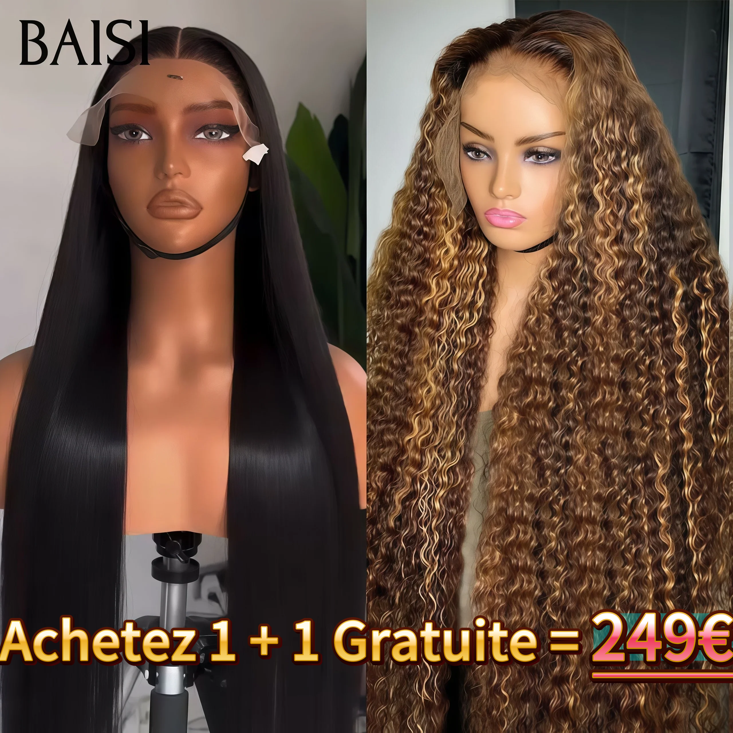 BAISI Achetez 1 + 1 Gratuite = 249€ 13X4 lace frontal curly en couleur Mixte et Lisse NOIR Perruque en 100% vrais cheveux humains