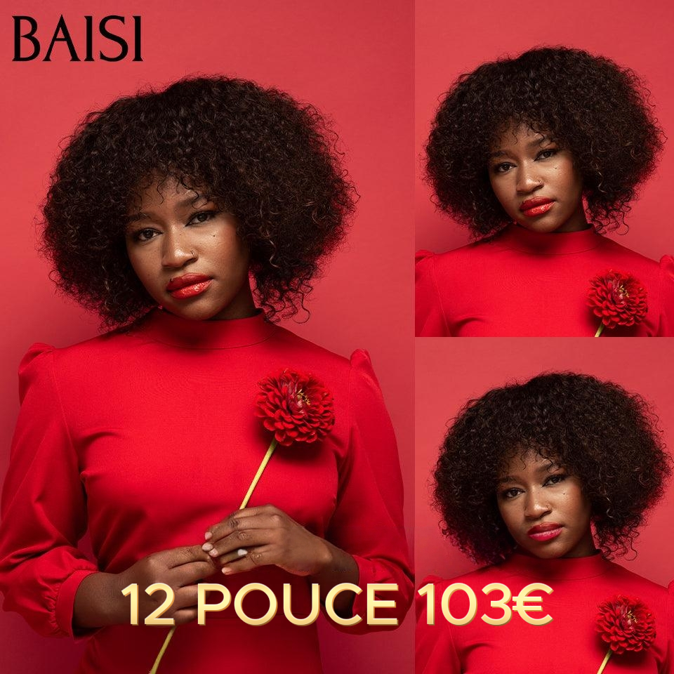 BAISI Perruque chioma pixie finger wave avec frontal 78€ ou Afro curly Wave avec Frange 12 Pouces en Couleur noir 103 euro sans colle En 100% Vrais Cheveux Humais Code : BS120