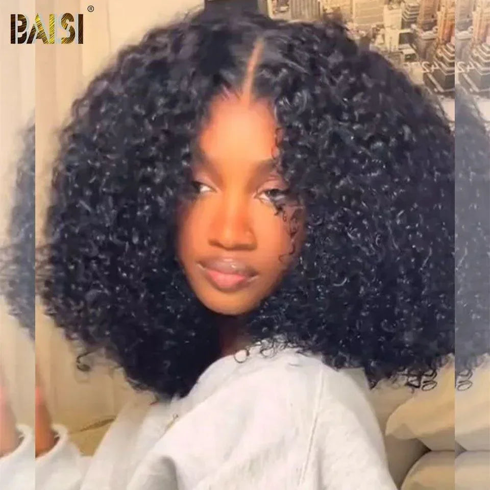 BAISI 300% densidade Cacheado afro 16 polegadas Preto Pré-penteado Sem necessidade de cola linha frontal 4C em 100% cabelo natural Lace já cortada VIP150