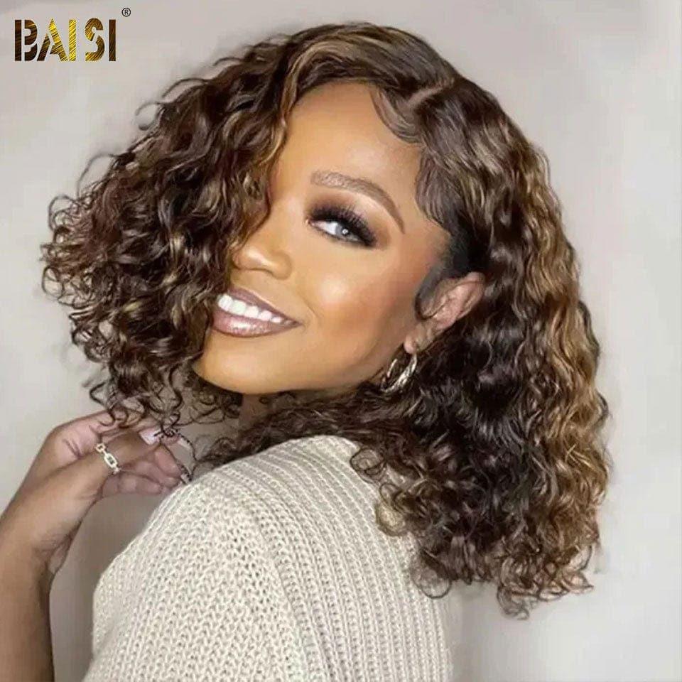 BAISI 13X4 Peruca Bob Curly em Mistura #4#27 Pré-Desbastada Sem Necessidade de Cola em 100% Cabelo Raw Lace já Cortado