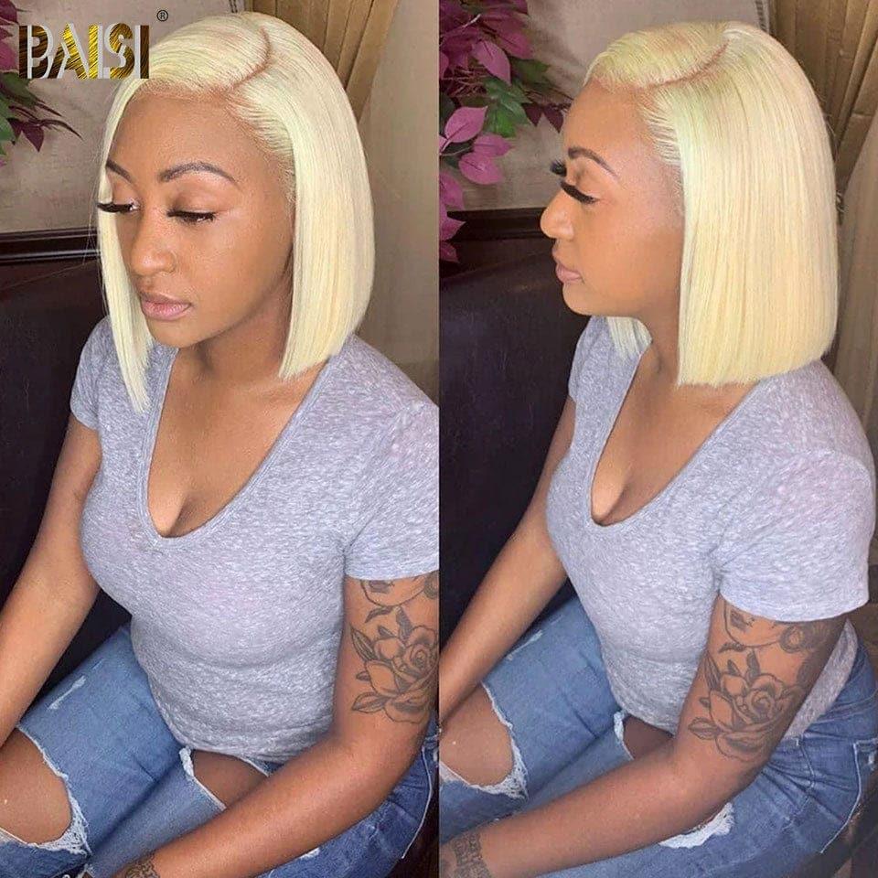 BAISI 13X4 Straight Bob Wig In Blonde #613 Pre-Plucked No Glue Needed in 100% Raw Hair Lace Already Cut