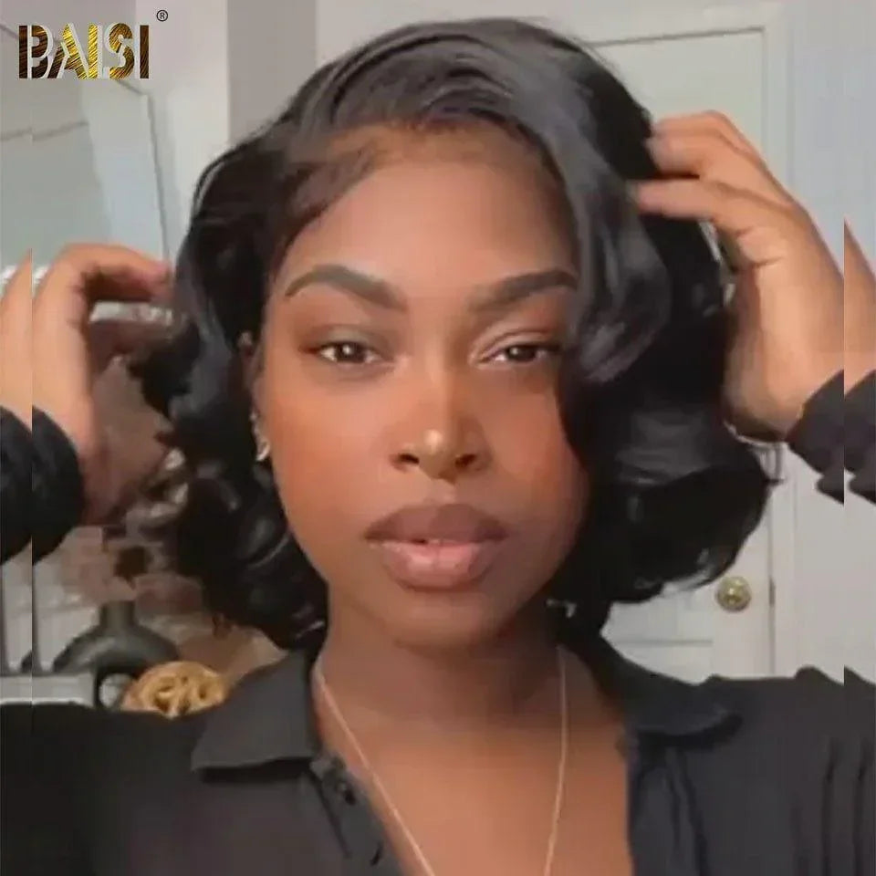 BAISI 13x4 Bob Body Wave Wig in Black Glueless Lace Front Cut Easy to Wear 100% Human Hair