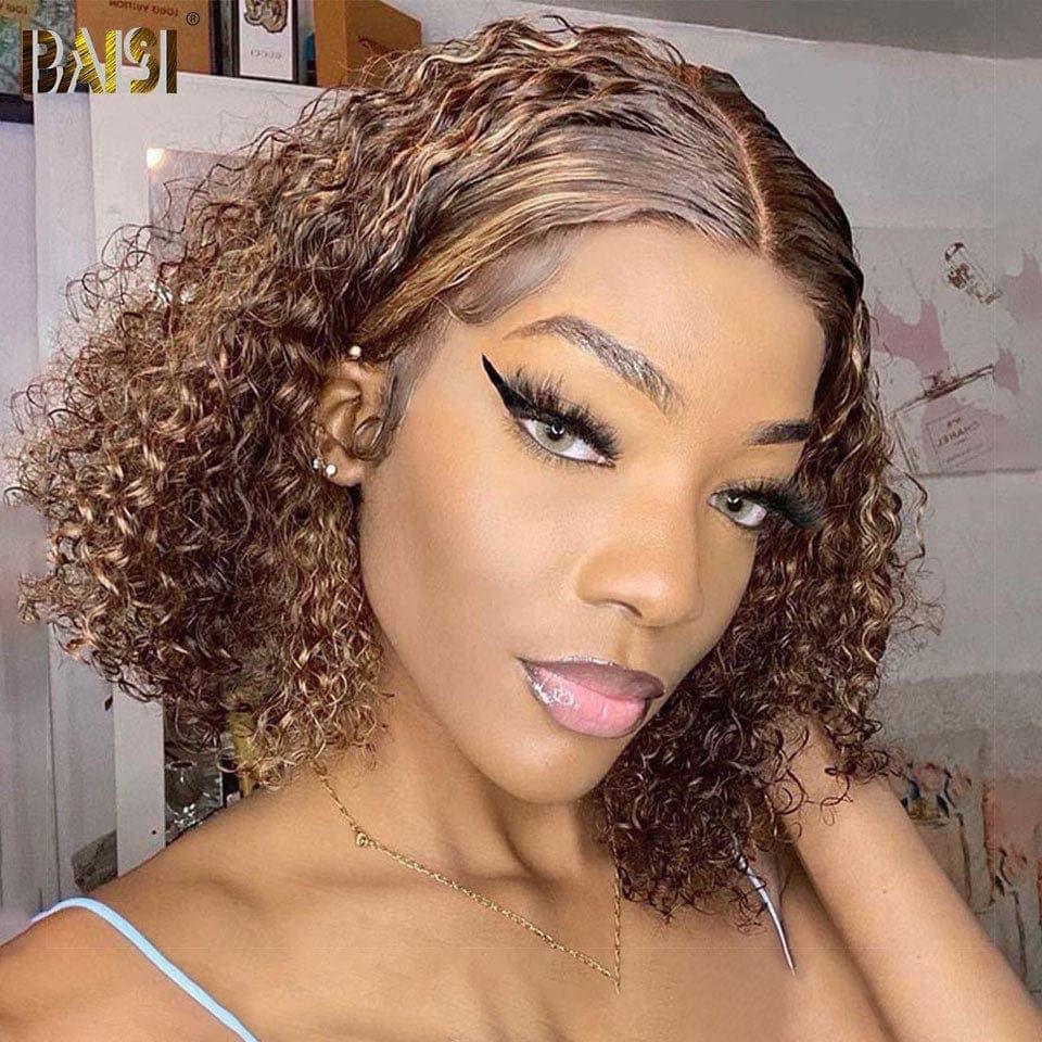 BAISI 13X4 Peruca Bob Curly em Mistura #4#27 Pré-Desbastada Sem Necessidade de Cola em 100% Cabelo Raw Lace já Cortado