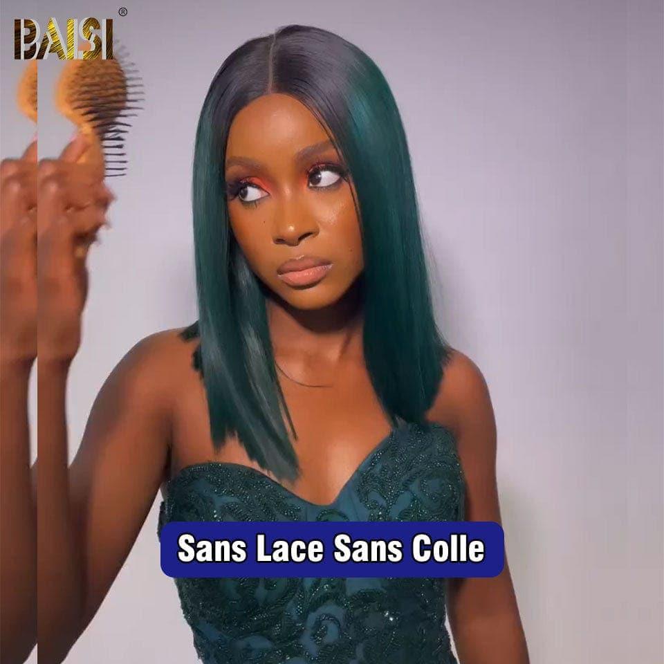 BAISI 13X4 Straight Bob Wig In Color #1B Green Pre-Plucked No Glue Needed in 100% Raw Hair Lace Already Cut