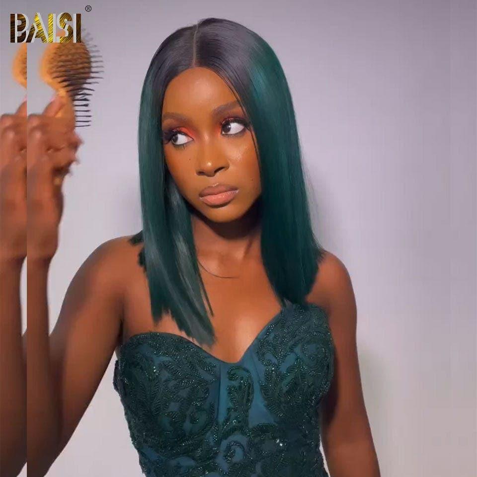 BAISI 13X4 Straight Bob Wig In Color #1B Green Pre-Plucked No Glue Needed in 100% Raw Hair Lace Already Cut