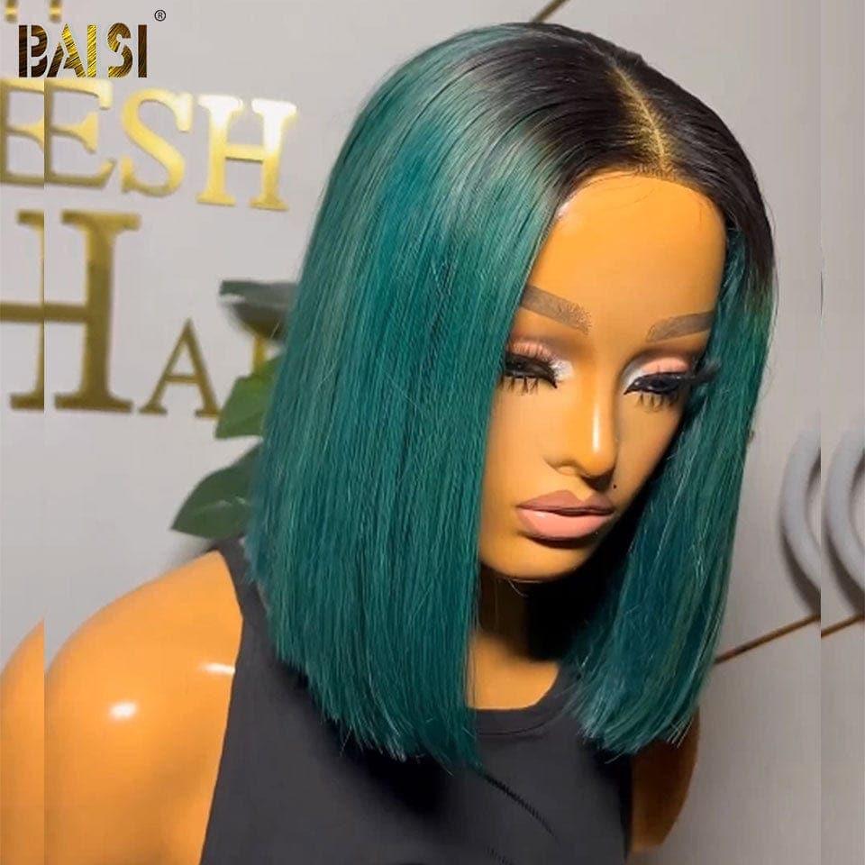 BAISI 13X4 Straight Bob Wig In Color #1B Green Pre-Plucked No Glue Needed in 100% Raw Hair Lace Already Cut
