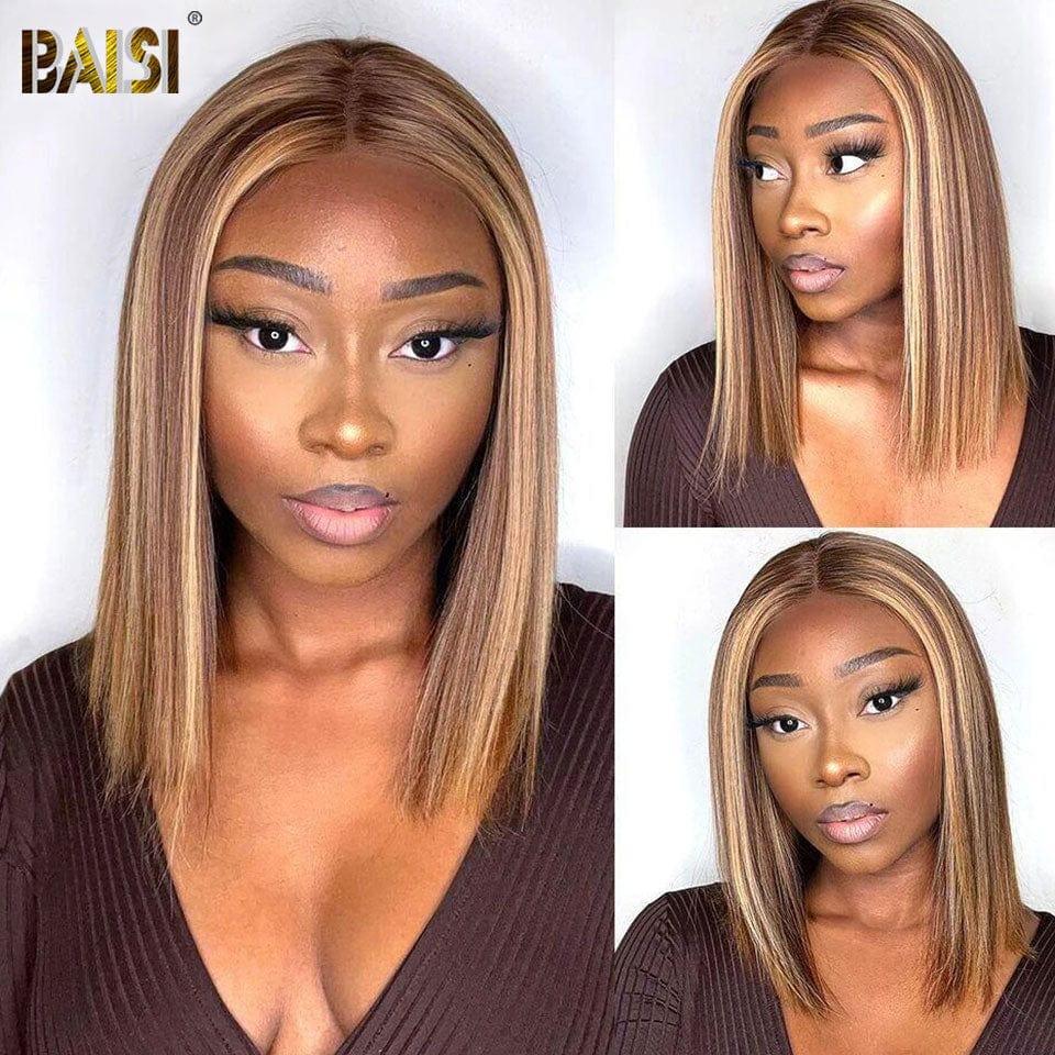 BAISI Achetez 2 perruques minimum au prix d'usine fournisseur Lace 13X4 Perruque Carré Lisse En couleur Mixte #4MIX#27 Pré-plucked Pas Besoin de Colle en 100% Raw Hair Lace déjà couper (Pas Besoins De Code)