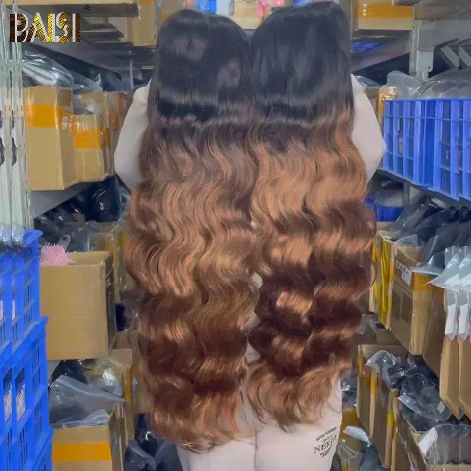 BAISI 13x4 Frontal Perruque Bouclée Body Wave 1B#4 Noir Marron En 100% Cheveux Humains