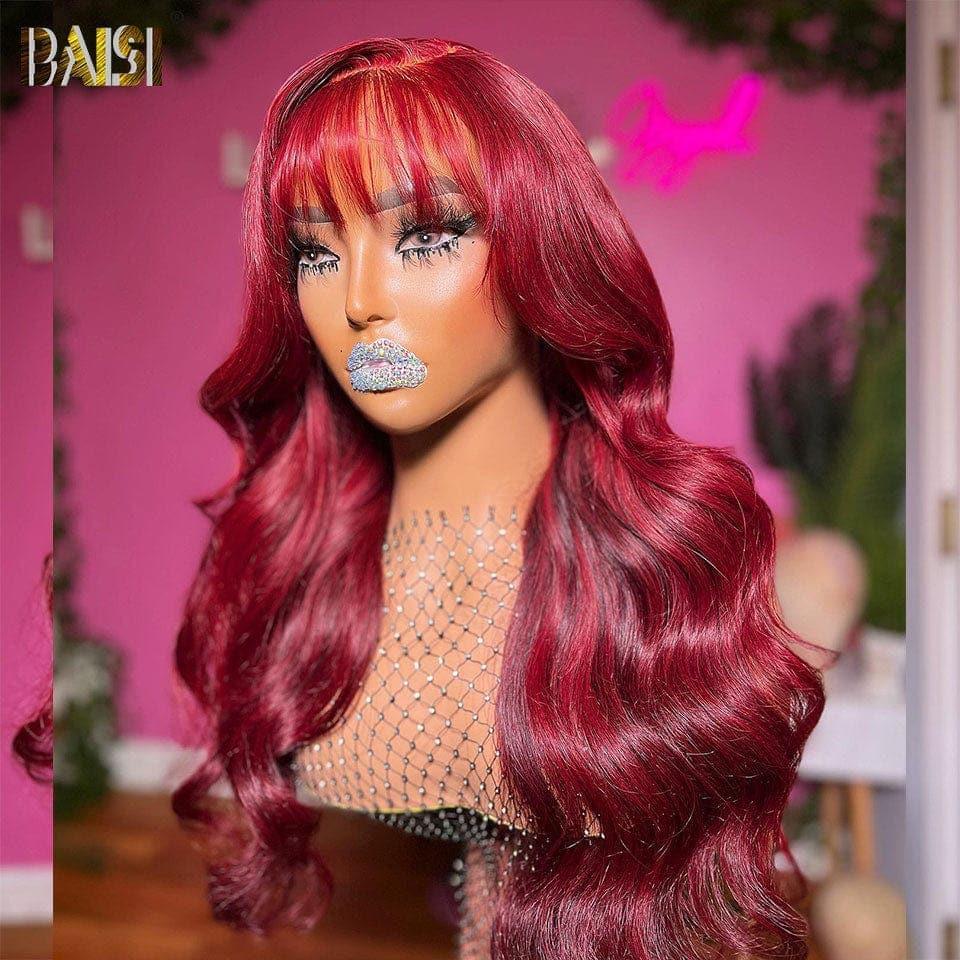 Parrucca BAISI 13x4 frontale in pizzo rosso bordeaux con onda del corpo 99J con frangia in capelli umani al 100%