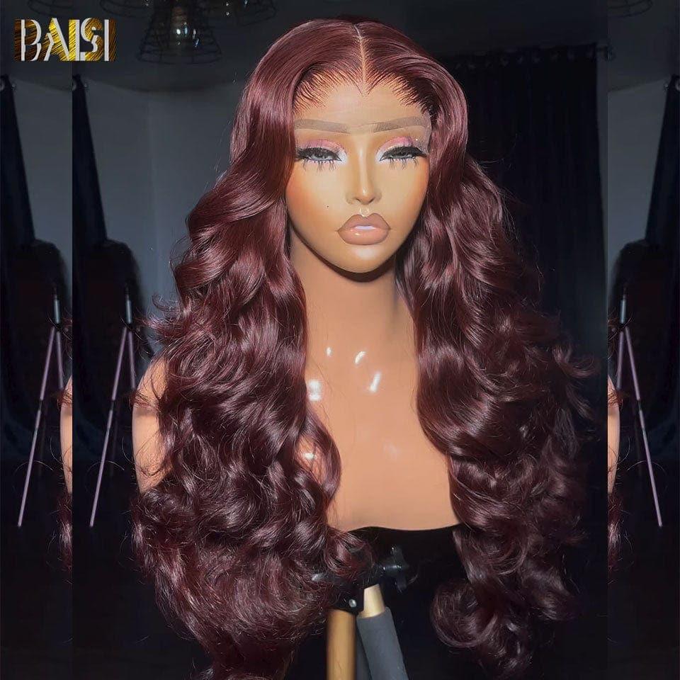 BAISI Compre 2 perucas mín. ao preço de fábrica em França, IVA 0€, entrega 48H, 13x4 Lace Frontal, Body Wave, highlights Bordeaux, vermelho vivo, sem cola, já cortada, fácil de usar, 100% cabelo humano (sem código)
