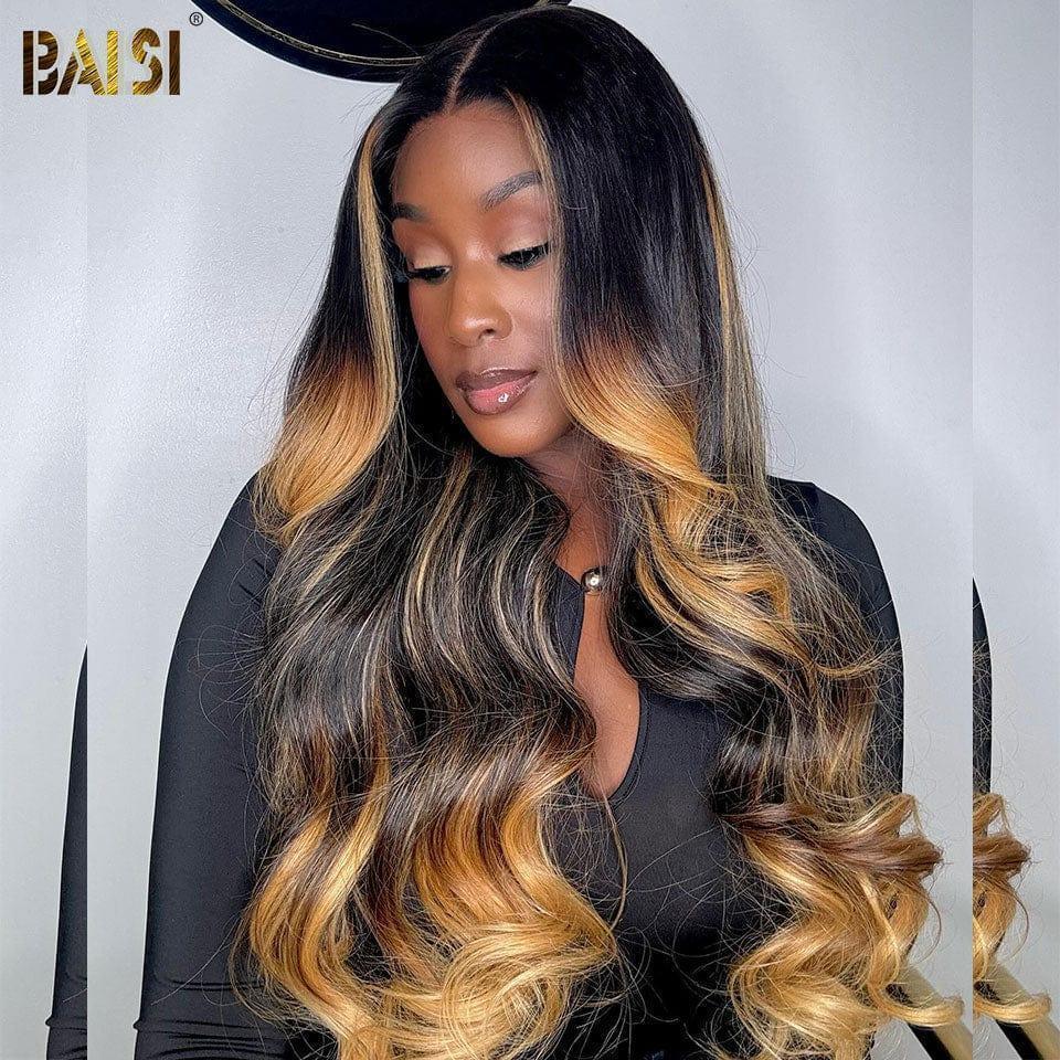 BAISI Pré-plucked lace invisible frontale 13x4 Perruque Body wave en couleur Noir mix Miel 1Bmix27# Pré-plucked Pas Besoin de Colle en 100% Raw Hair Lace déjà couper
