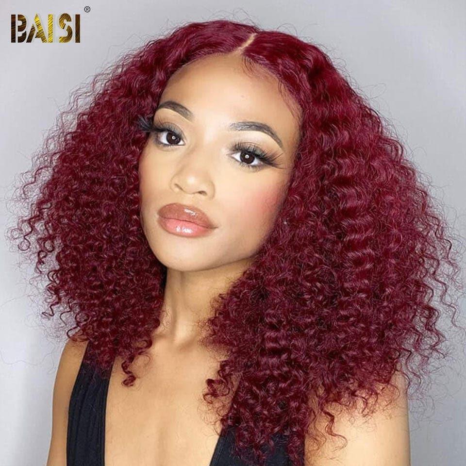BAISI Lace Frontal Perruque BOB Deep Wave Tout Rouge Bordeaux 99J Pré-plucked Pas Besoin de Colle