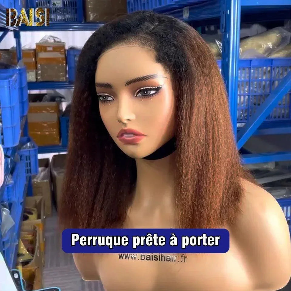 BAISI 4x4 Perruque bob Kinky Straight Marron 1BT4# en haut de gamme avec les Baby Hair naturel Pré-plucked Pas Besoin de Colle en 100% Raw Hair Lace déjà couper 4C Hairline