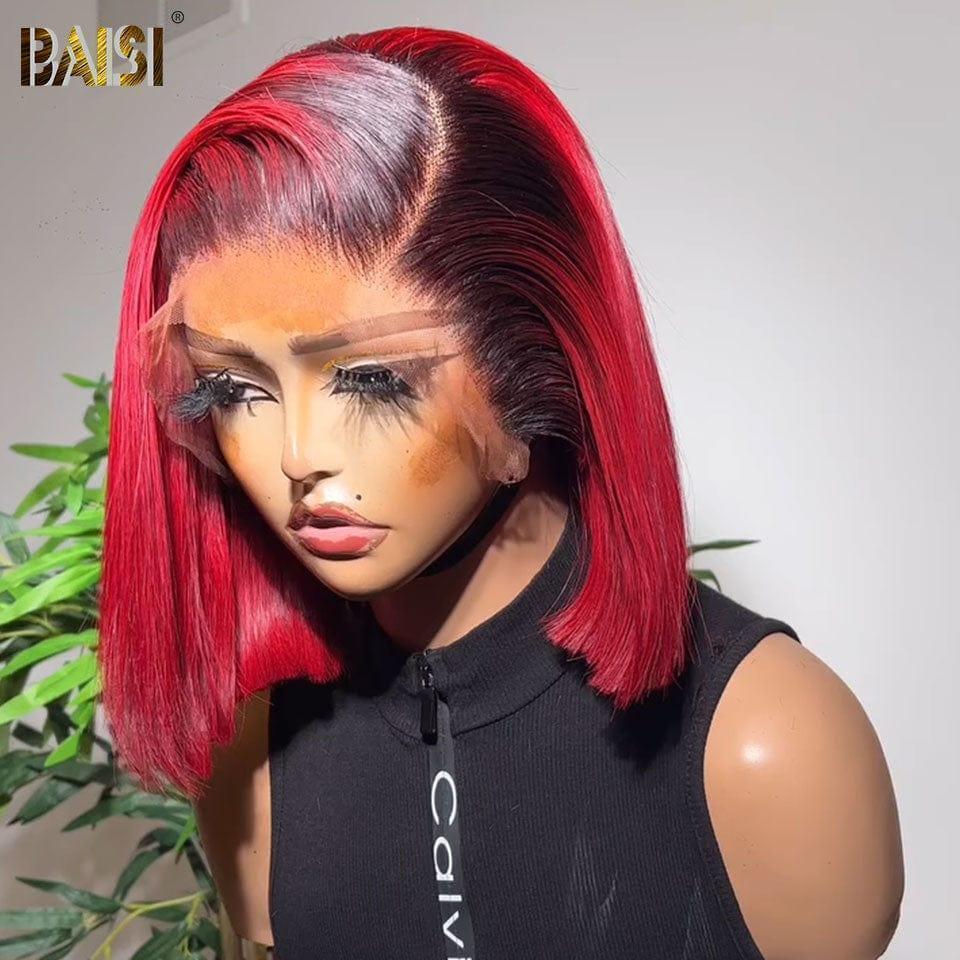 BAISI 13x4 Frontal Perruque Bob Lisse En 1B NOIR Rouge Coupe Carrée En 100% Vrais Cheveux Humains