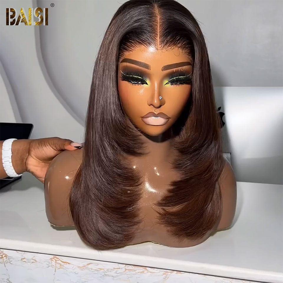 BAISI Perruque 13X4 carrée lisse en couleur marron Pré-plucked Pas Besoin de Colle en 100% Raw Hair Lace déjà couper