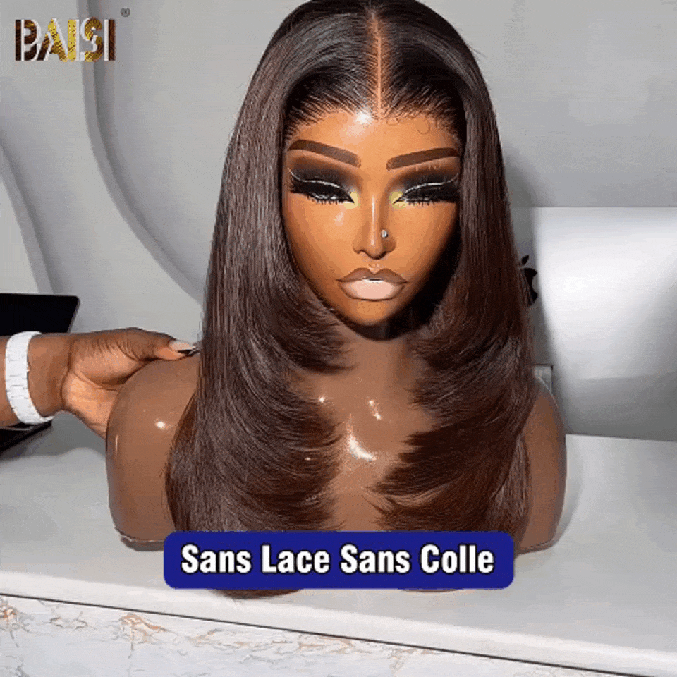 BAISI Perruque 13X4 carrée lisse en couleur marron Pré-plucked Pas Besoin de Colle en 100% Raw Hair Lace déjà couper