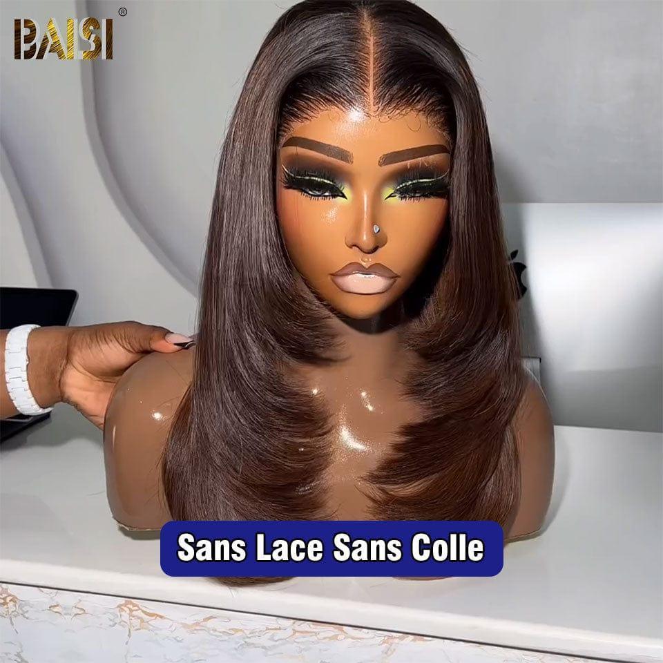 BAISI Perruque 13X4 carrée lisse en couleur marron Pré-plucked Pas Besoin de Colle en 100% Raw Hair Lace déjà couper