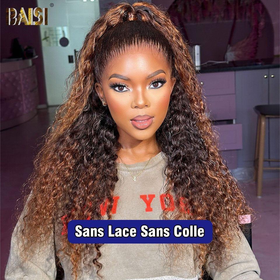 BAISI 13X4 Peruca deep wave sem cola, castanho 4T30# pré-puxada, sem necessidade de cola, 100% cabelo raw, lace já cortada
