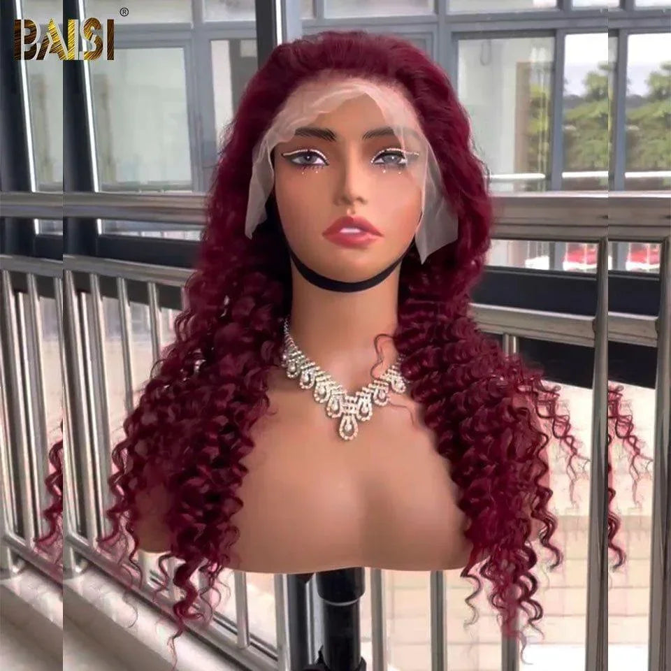 BAISI Achetez 2 perruques minimum au prix d'usine fournisseur en France TVA 0€ 48H arrivé 13x4 Lace Frontal Perruque Deep Wave Rouge Bordeaux En 100% Cheveux Humains (Pas Besoins De Code)