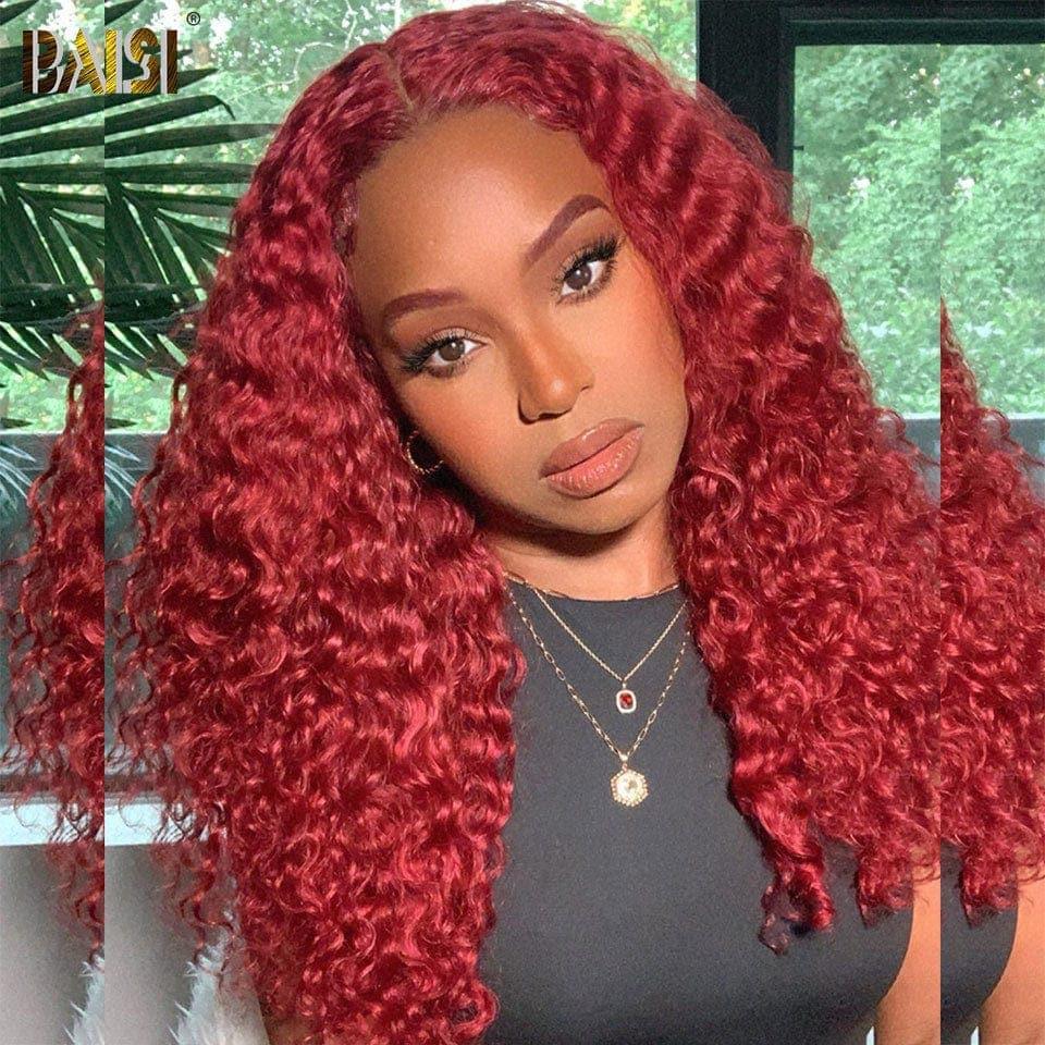 BAISI Peruca Frontal 13x4 Deep Wave Vermelha, Pré-desfiada, Sem Necessidade de Cola, 100% Raw Hair, Lace já cortado
