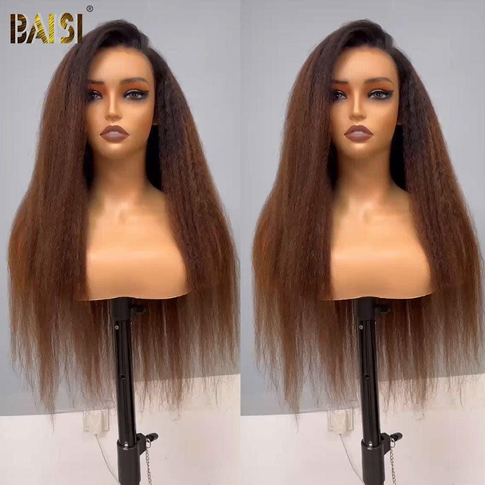 BAISI 13x4 Frontal Wig Kinky Straight in color #1B#4 Pre-Plucked No Glue Needed in 100% Raw Hair Lace Already Cut