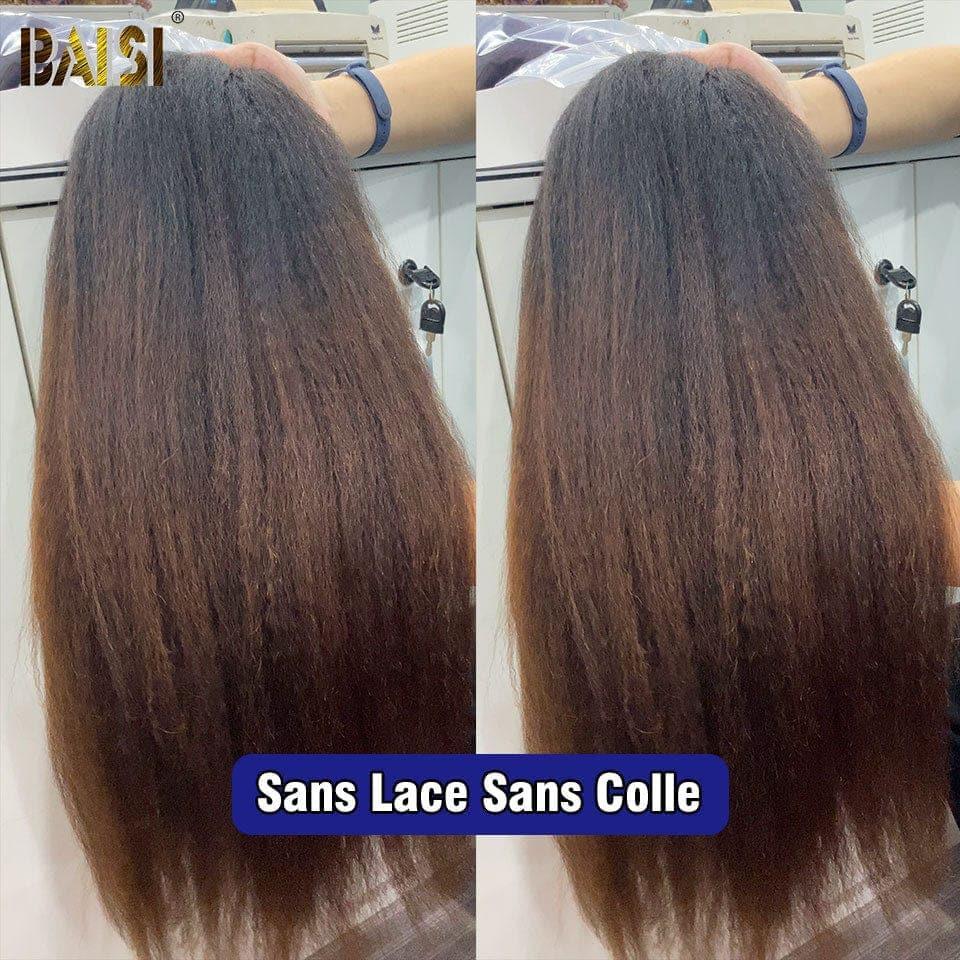 BAISI 13x4 Frontal Wig Kinky Straight in color #1B#4 Pre-Plucked No Glue Needed in 100% Raw Hair Lace Already Cut