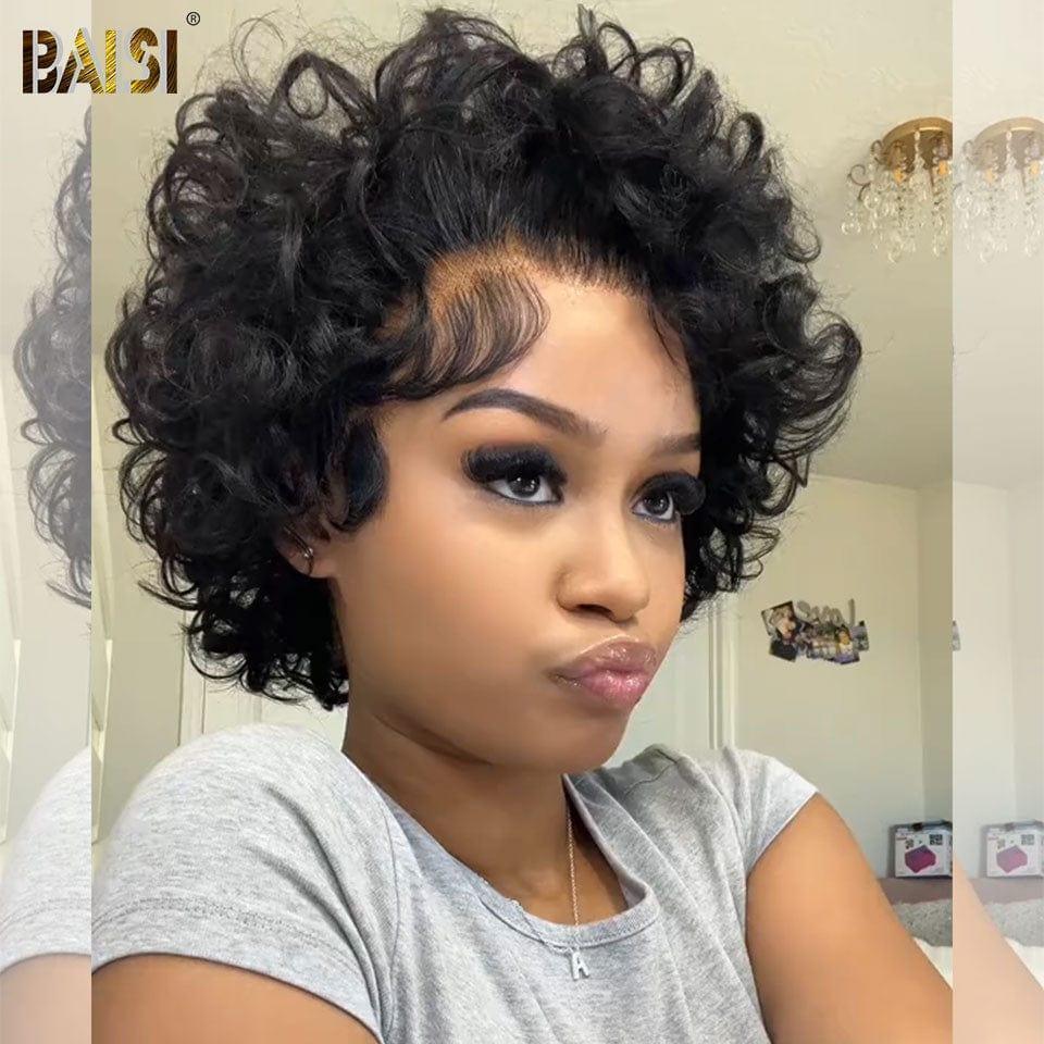 BAISI 13X4 Lace frontal Perruque pixie En Couleur Marron 59€ ou 1B Noir 85€ en 100% Vrais Cheveux Humains