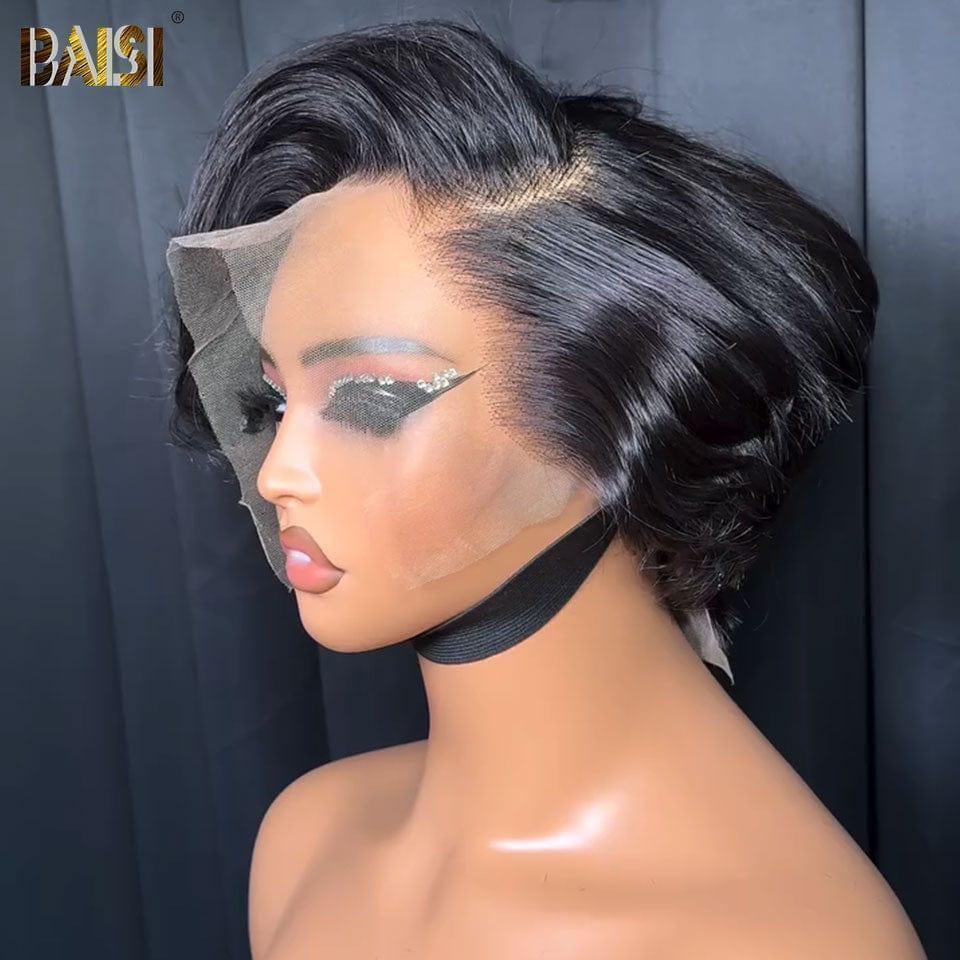 BAISI 4x4 lace closure body wave 10 pouces sans colle ou 13X4 Lace Frontal Perruque Coupe Pixie en noir 100% Cheveux Humains