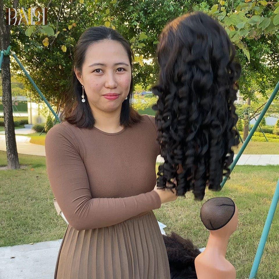 BAISI 13x4 Lace Frontal Wig Bouncy curl A1 Made by double drawn hair in Black in 100% Human Hair