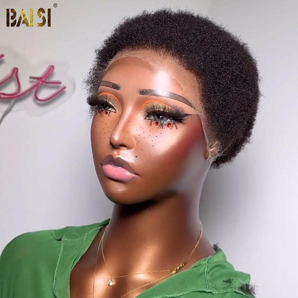 BAISI Achetez 2 perruques minimum au prix d'usine fournisseur 100% Raw hair Lace Frontale Pixie Afro #905 Couleur NOIR 100% Vrais Cheveux Humains (Pas Besoins De Code)