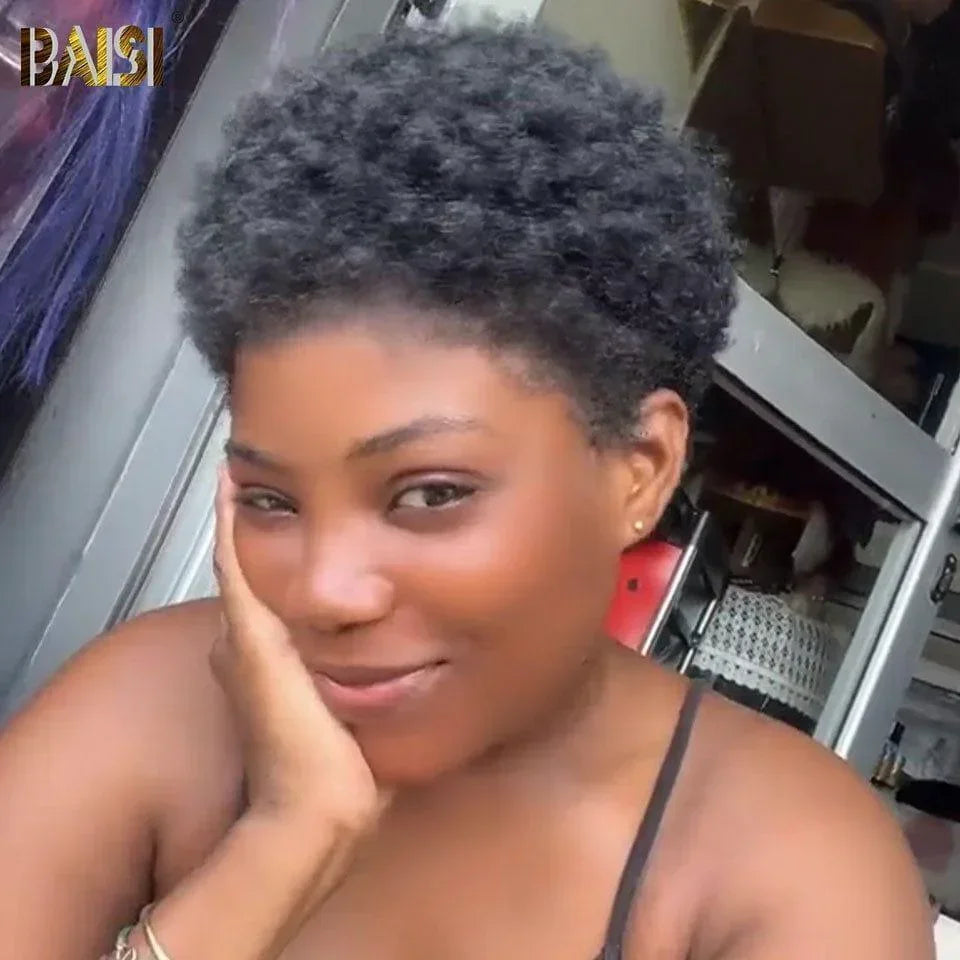 BAISI 13X4 Perruques Pixie curly wave 55€ ou afro curly noir En 100% Cheveux Humains #905