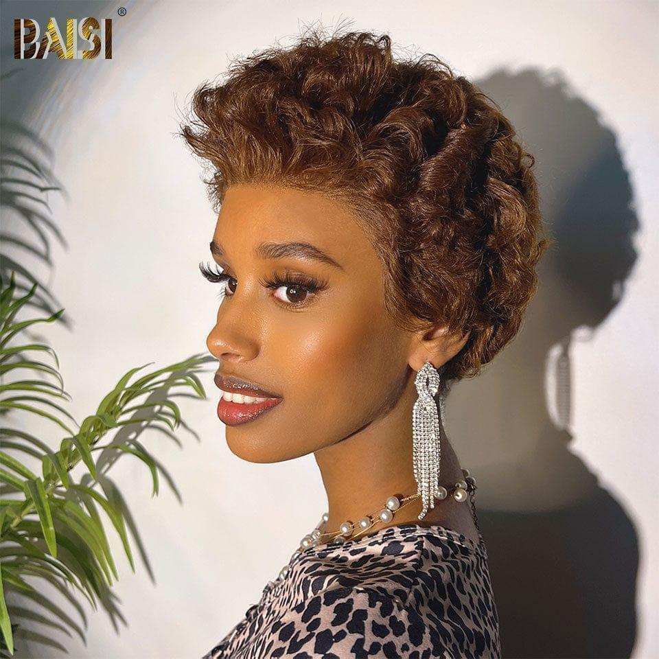 BAISI parrucca senza colla finger wave NERA o 13X4 parrucca personalizzata pixie corta riccia marrone 4# capelli raw hair