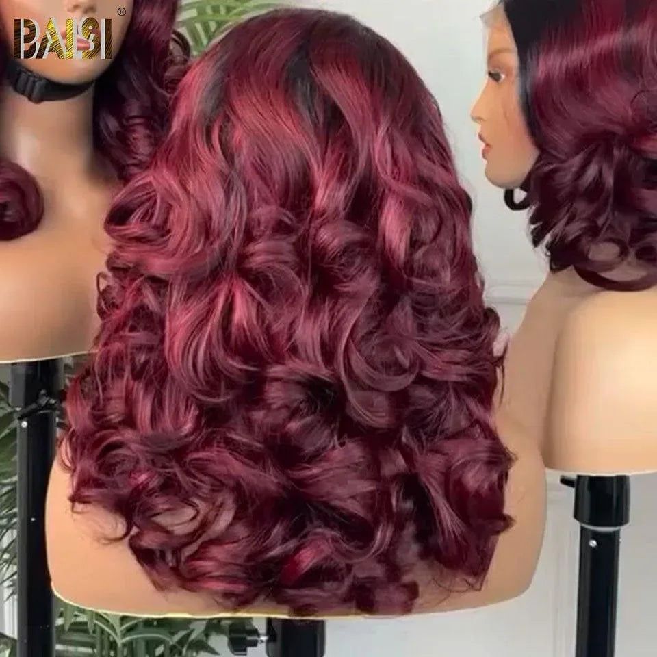 BAISI Luxury Wig 13x4 Lace Frontal, 300% Volume Bouncy Curly, Bordeaux Color #99J, 100% Human Hair