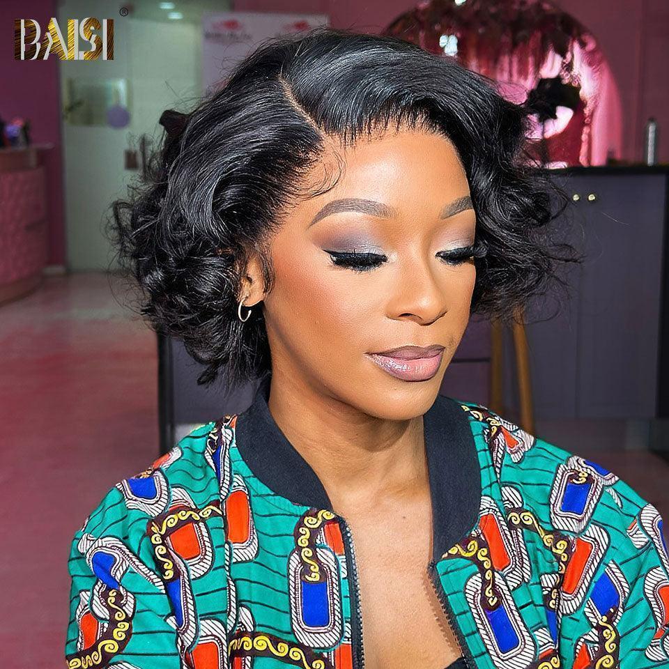 BAISI Venda Flash 39€ Penteado Pixie Finger Wave em França 13x4 Peruca frontal em lace personalizada com risca lateral em cor natural