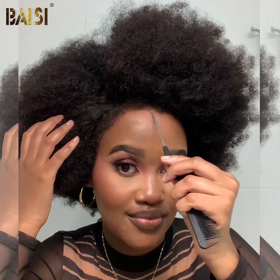 BAISI Dentelle Front Cheveux Humains Afro Curl Perruque Bouclé
