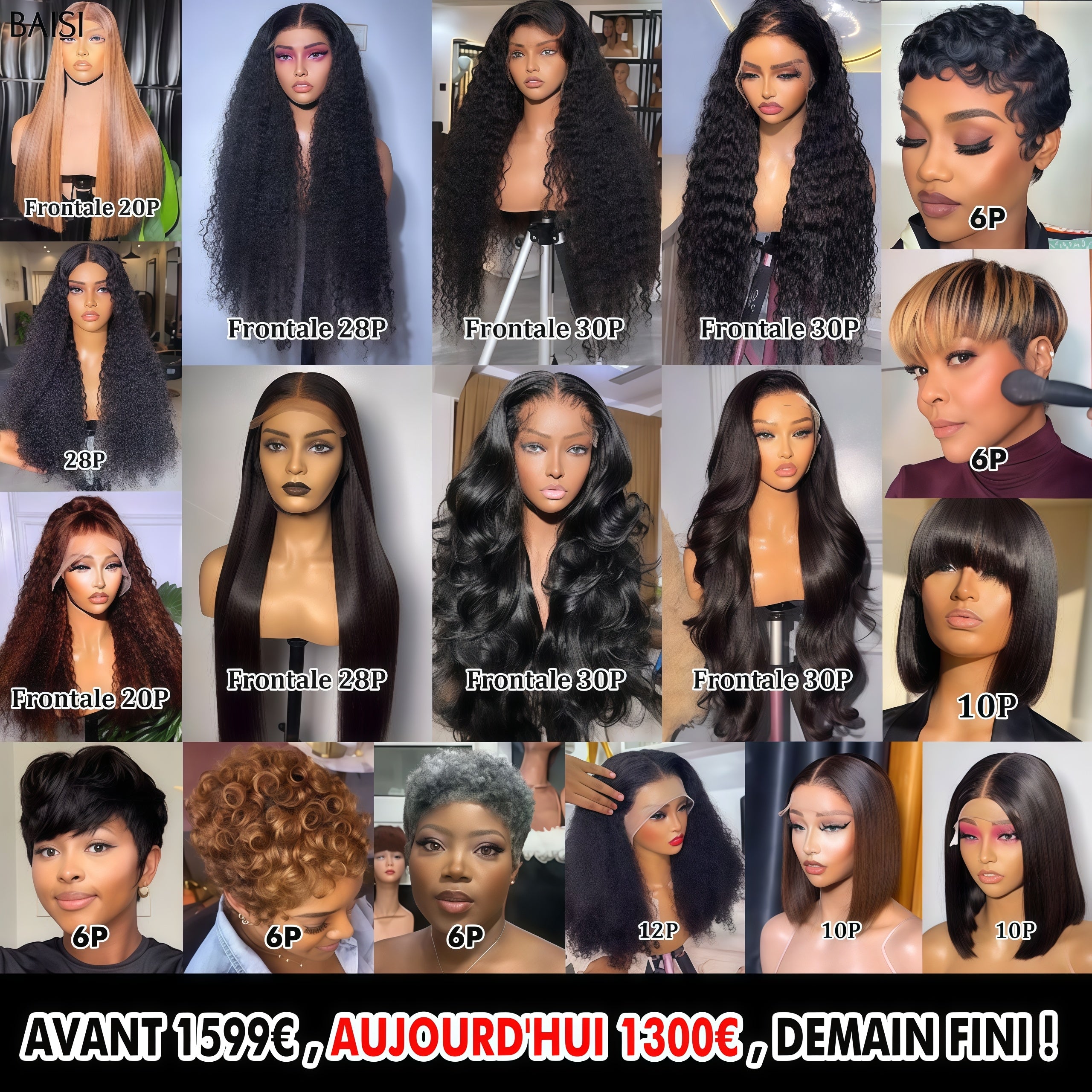 BAISI Perruques 18 Perruques pour revendre 1599€ en 100% vrais cheveux humains Code:VIP400