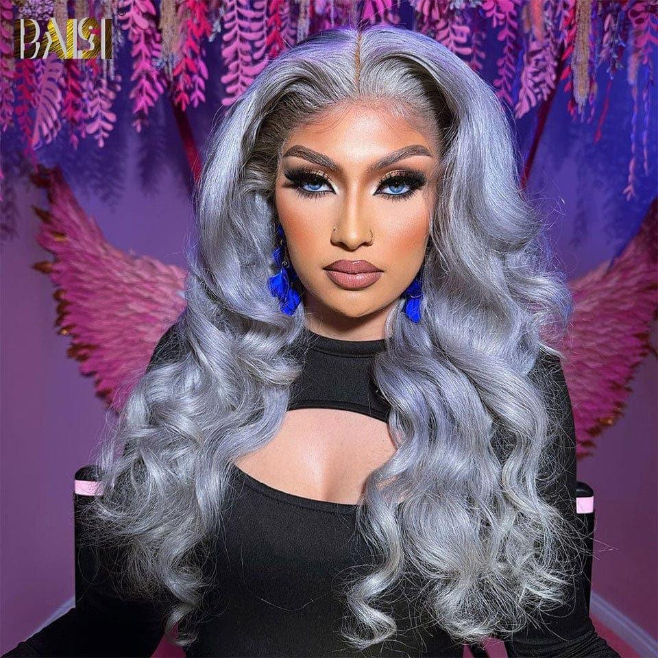 BAISI Collection Salt and Pepper 13x4 Body Wave Wig In Gray, Pre-Cut Lace, No Glue, Easy to Wear, 100% Human Hair