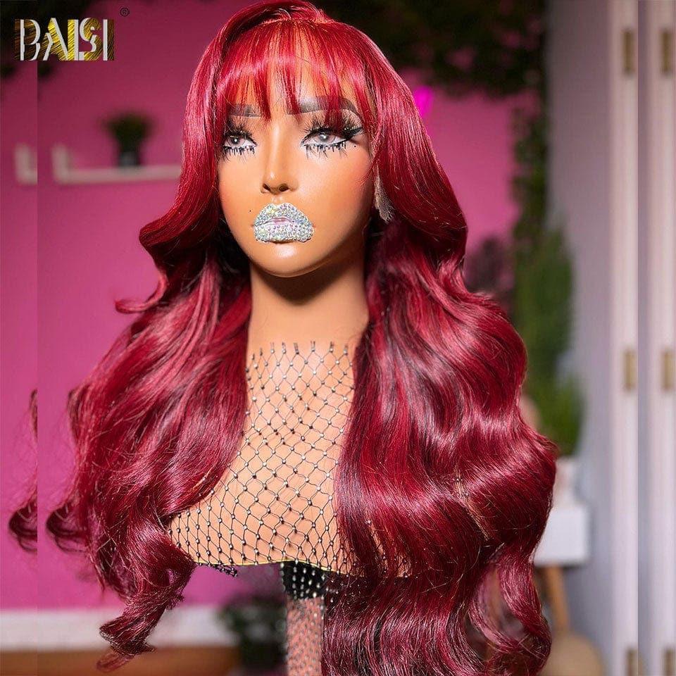 Parrucca BAISI 13x4 frontale in pizzo rosso bordeaux con onda del corpo 99J con frangia in capelli umani al 100%